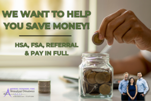 A hand is putting money into a jar. On top of the image, text states "We want to help you save money. HSA, FSA, referral & pay in full"