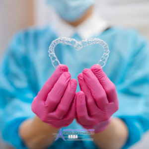 a woman with a lab coat and pink gloves is holding aligners in the shape of a heart